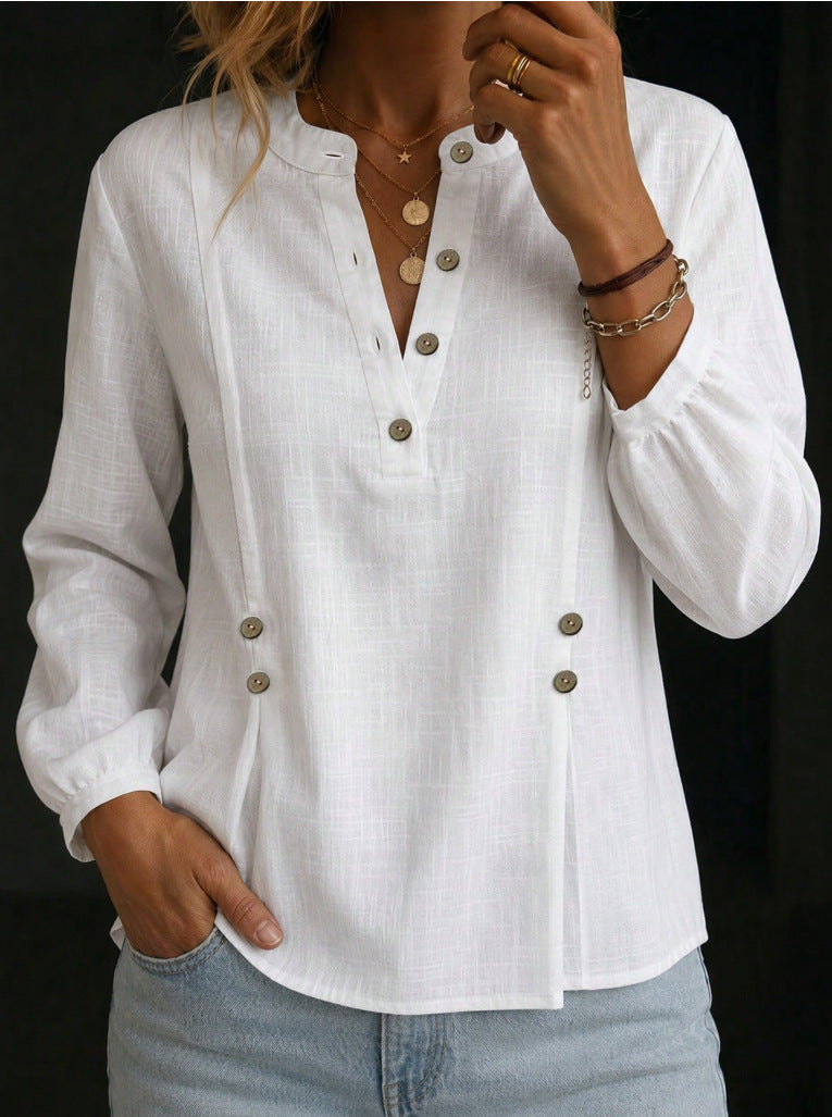 Women’s Cotton-Linen Mandarin Collar Shirt – Long Sleeve Casual Summer Style