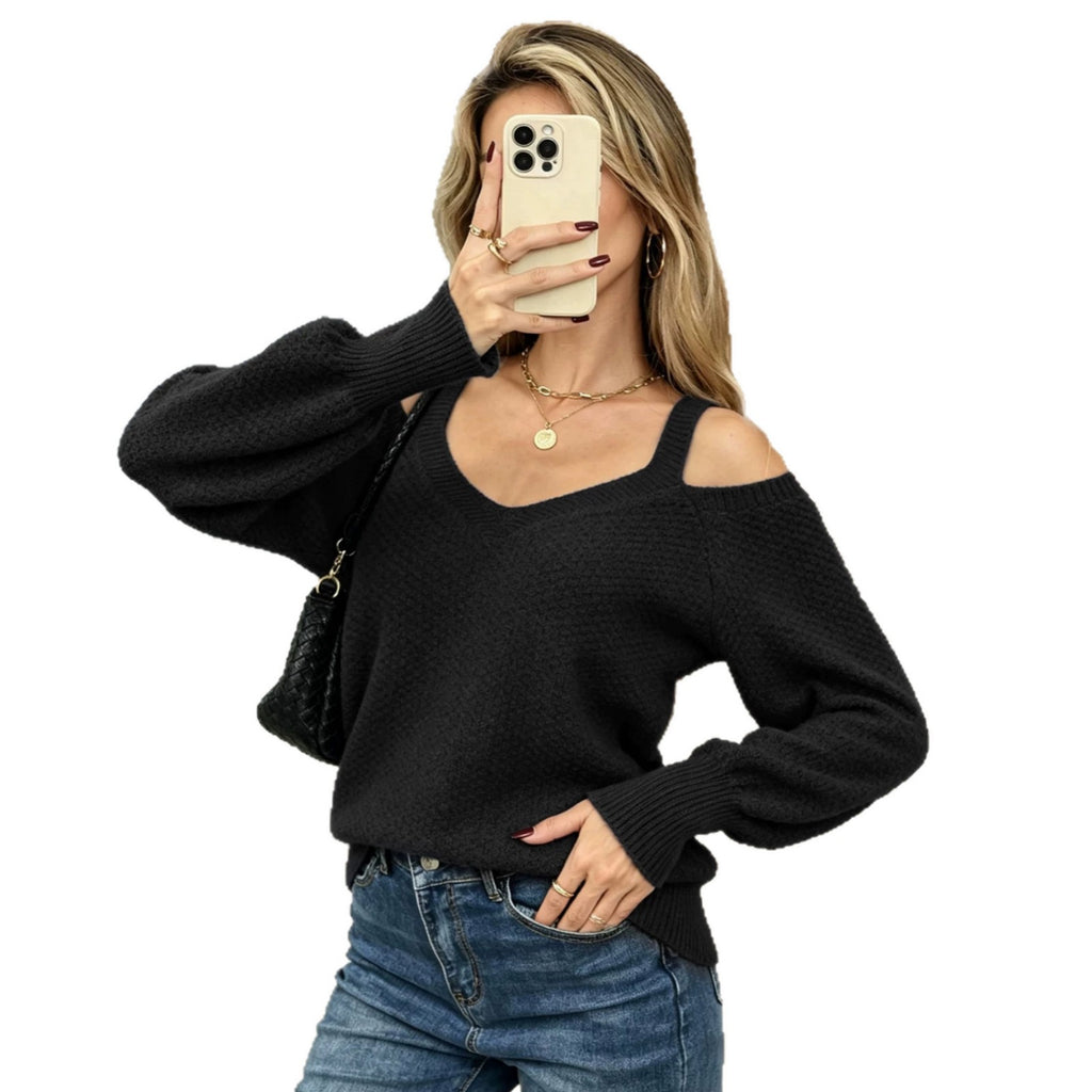 Women’s Off-Shoulder Knit Top – Elegant Long Sleeve Sweater
