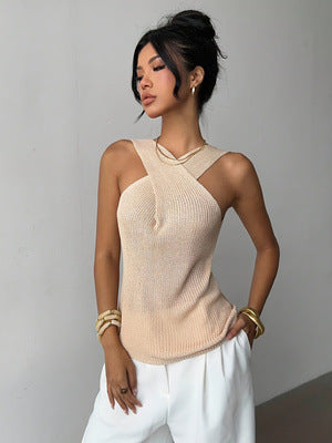 Women's Sleeveless Knit Vest - Cross Neck Pullover Top