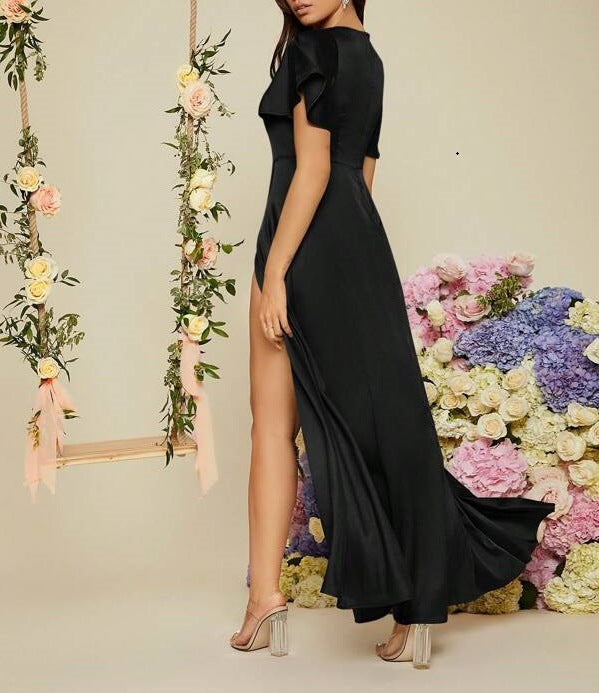 Women's V-Neck Midi Dress – Elegant High-Waist Occasion Style