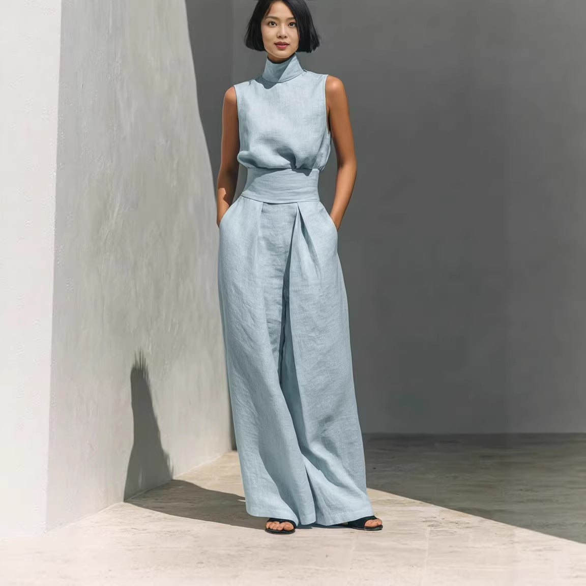 Women’s Sleeveless Two-Piece Set – Stand Collar Top & Straight-Leg Trousers Summer Casual Style