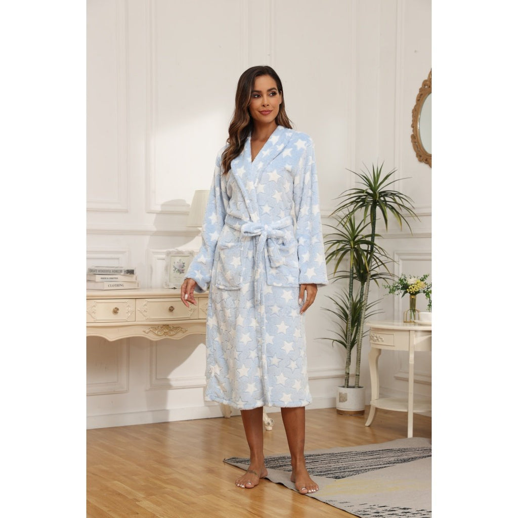 Women’s Star-Pattern Blue Fleece Bathrobe – Lightweight Cozy Spa and Home Robe