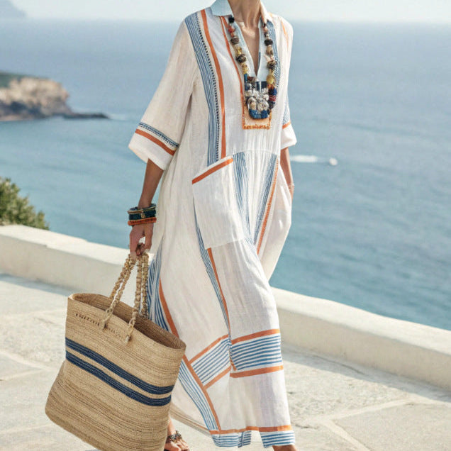 Women's Striped Boho Maxi Kaftan Dress – White Blue Orange Summer Style