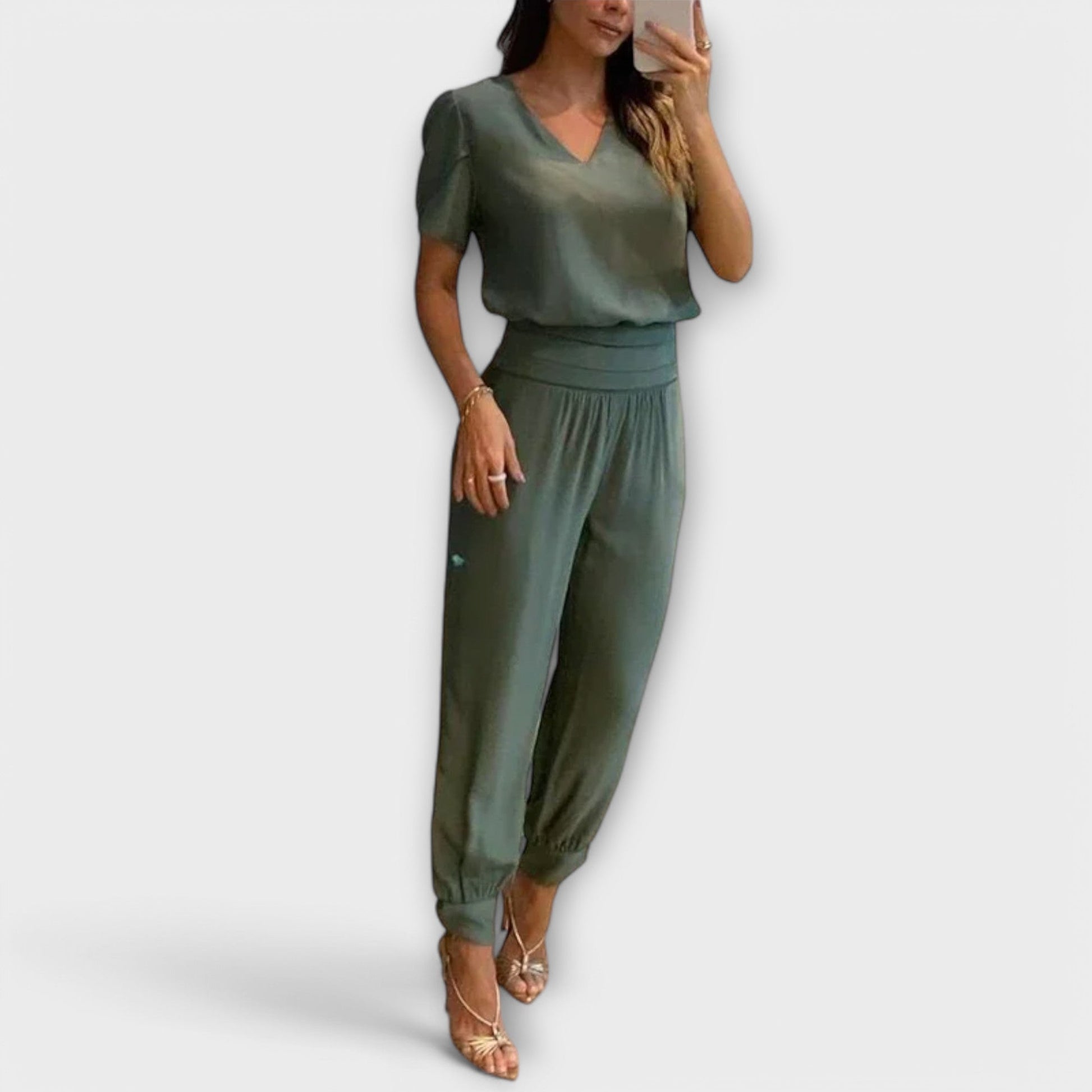 Women's Two Piece Trouser Set - Elegant Top and Wide Leg Pants