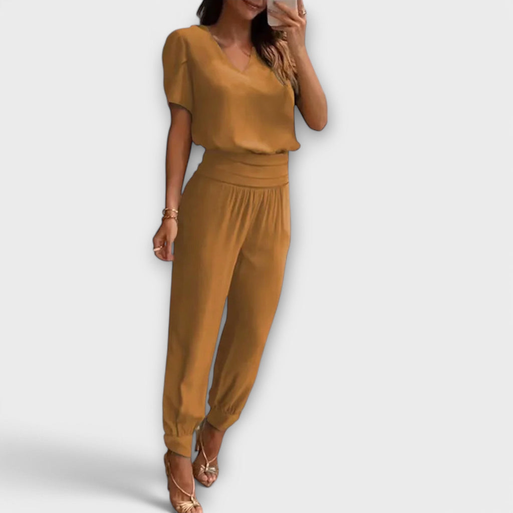 Women's Two Piece Trouser Set - Elegant Top and Wide Leg Pants