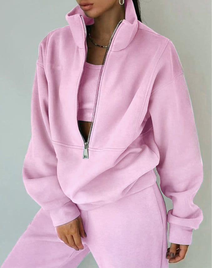 Sporty Two-Piece Tracksuit for Women – Relaxed Fit, High Collar and Zip-Up Design