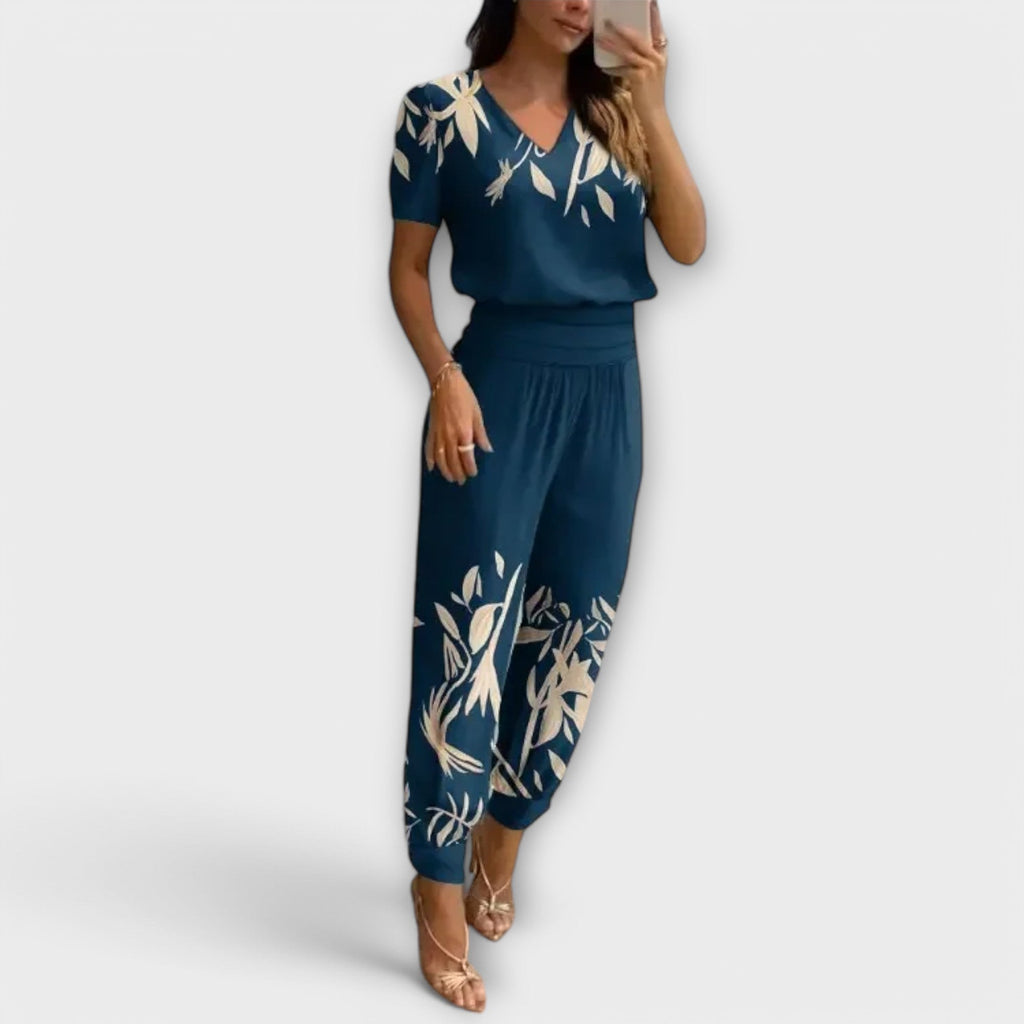 Women's Two Piece Trouser Set - Elegant Top and Wide Leg Pants