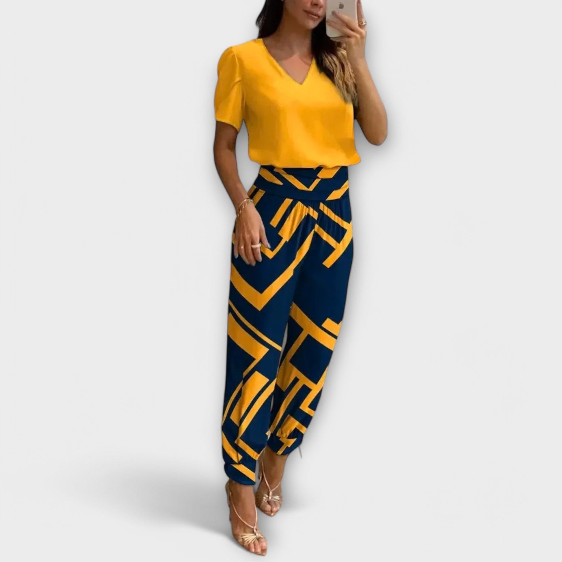 Women's Two Piece Trouser Set - Elegant Top and Wide Leg Pants