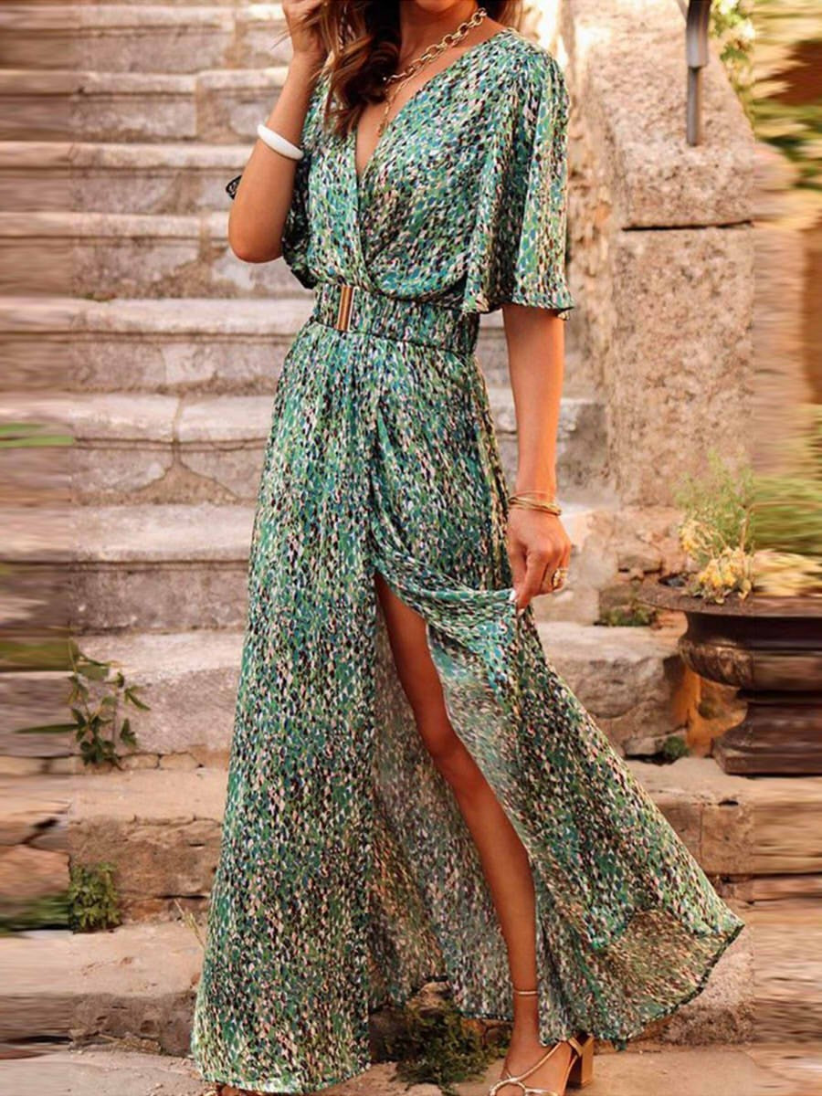 Women's Wrap Maxi Dress - High Slit Occasion Dress