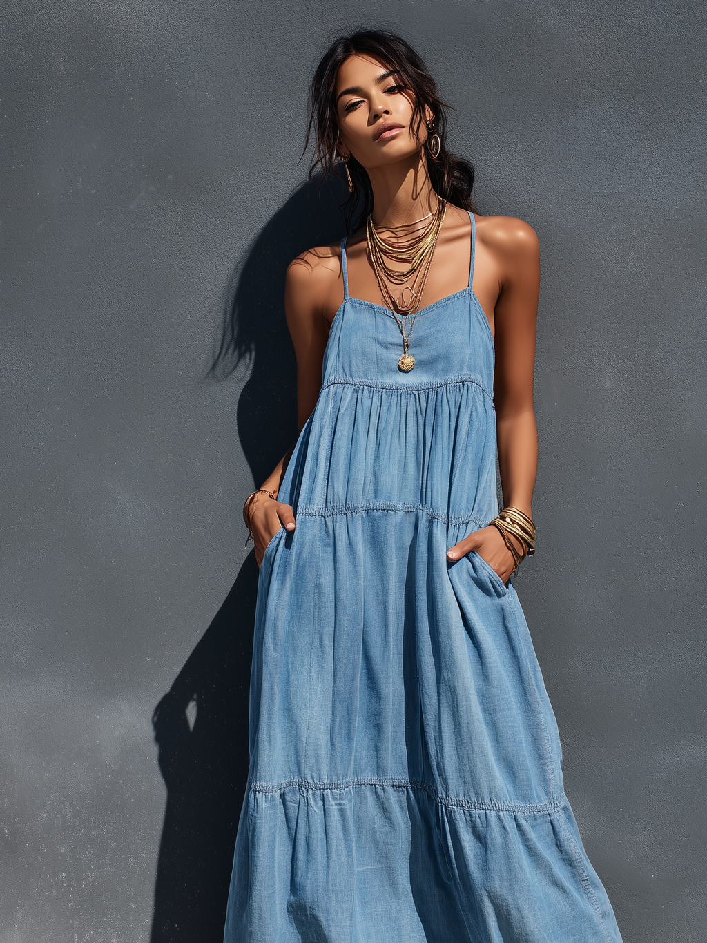 Women's Denim Maxi Dress – Stretch Loose-Fit Suspender Dress