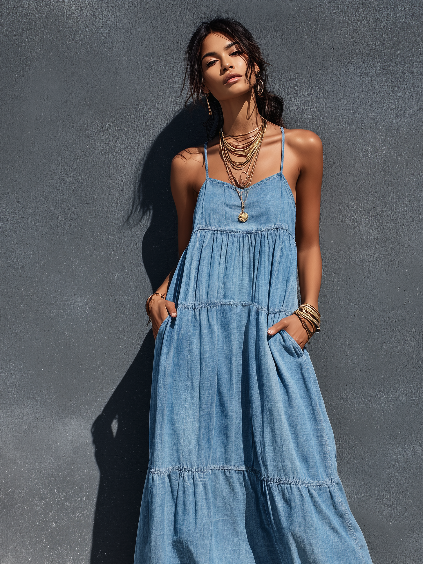Women's Denim Maxi Dress – Stretch Loose-Fit Suspender Dress