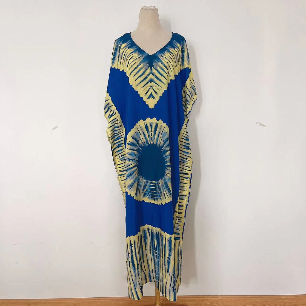 Women's Printed V-Neck Maxi Holiday Dress - Relaxed One Size Daywear