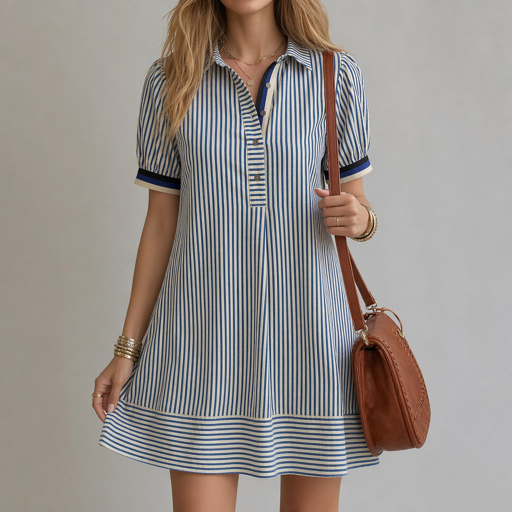 Women's Puff-Sleeve Shirt Dress – Striped Stand-Collar Casual Style