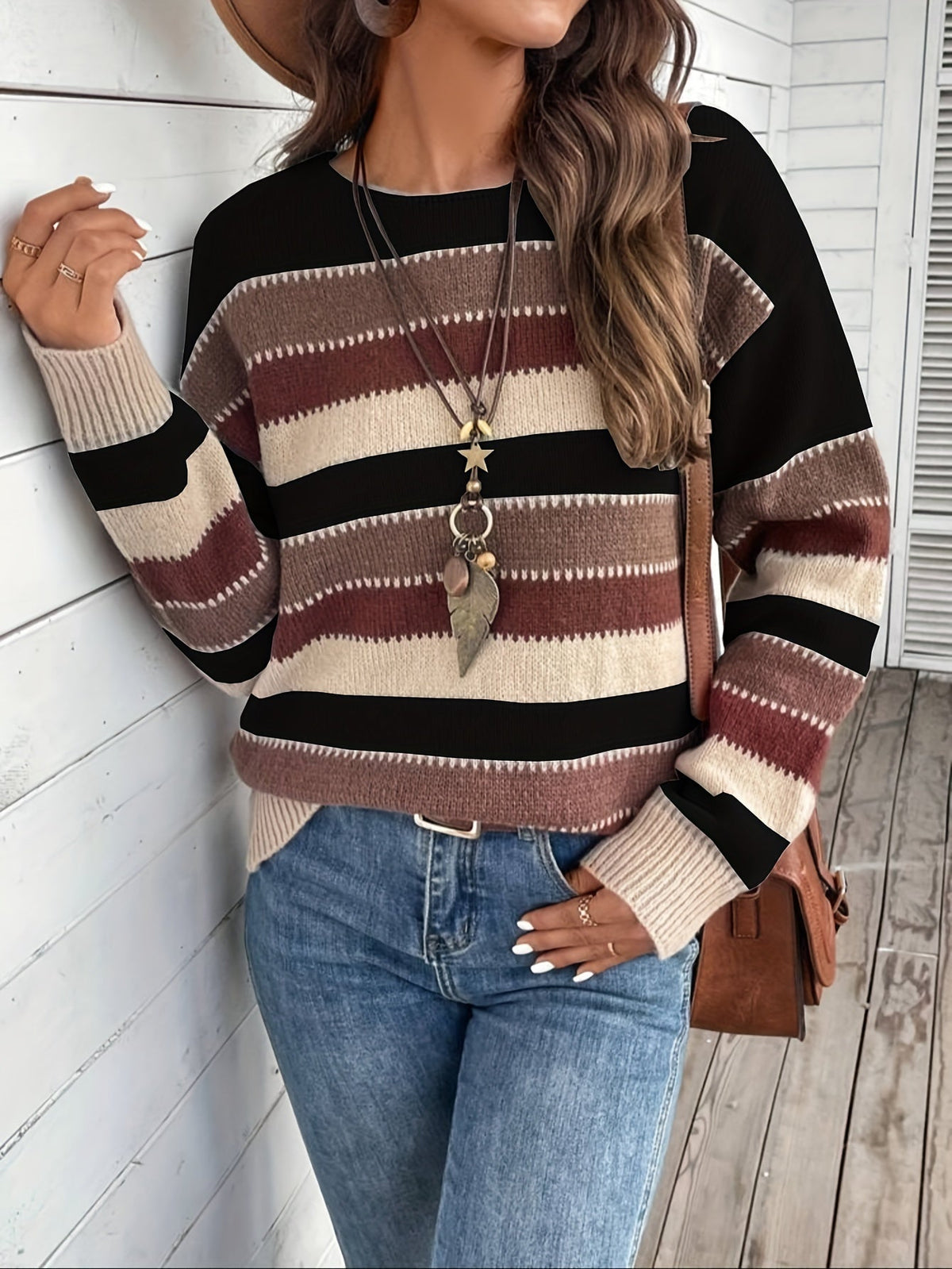 Women’s Striped Round Neck Sweater – Soft Casual Knit