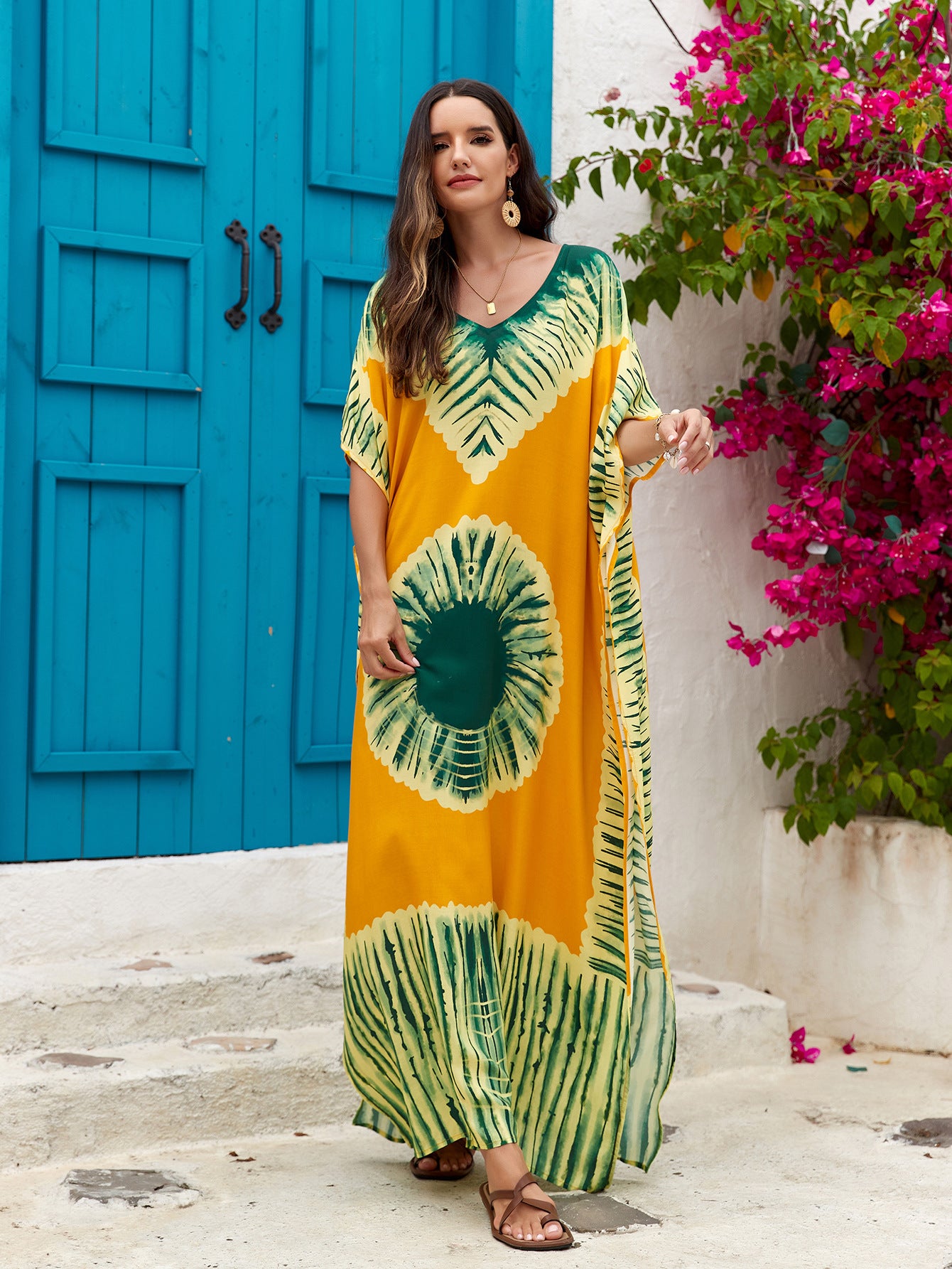 Women's Printed V-Neck Maxi Holiday Dress - Relaxed One Size Daywear