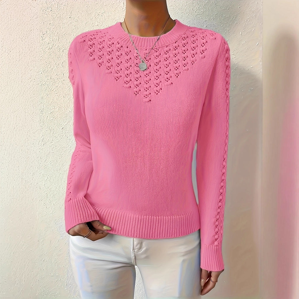 Hollow-Out Crewneck Knit Sweater - Light and Feminine