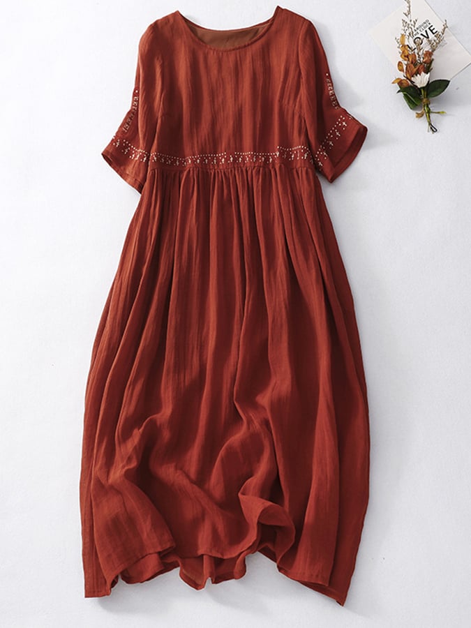 Women’s Embroidered Linen Maxi Dress – Casual White Summer Beachwear