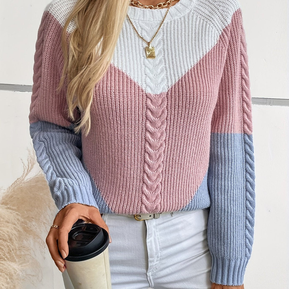 Colour-Block Cable Sweater - Soft and Bright