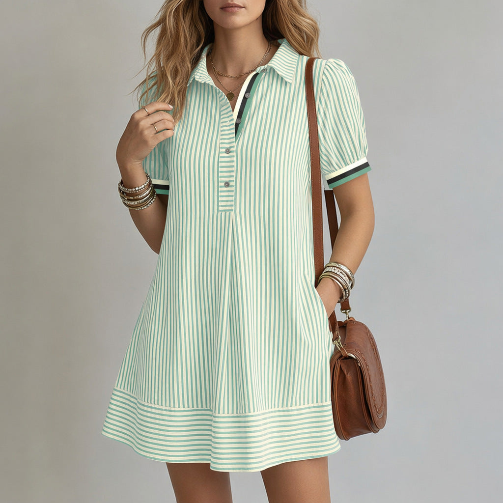 Women's Puff-Sleeve Midi Shirt Dress – Striped Stand-Collar Casual Style