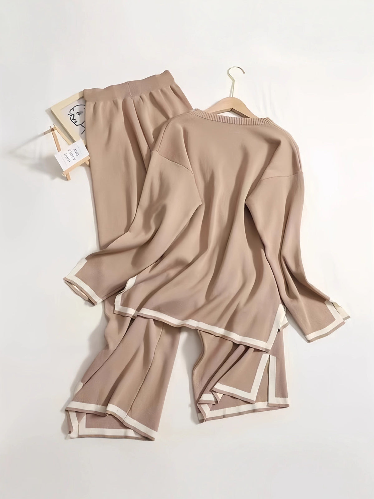 Slit Long-Sleeve Top and Wide-Leg Pants Set - Polished and Comfortable