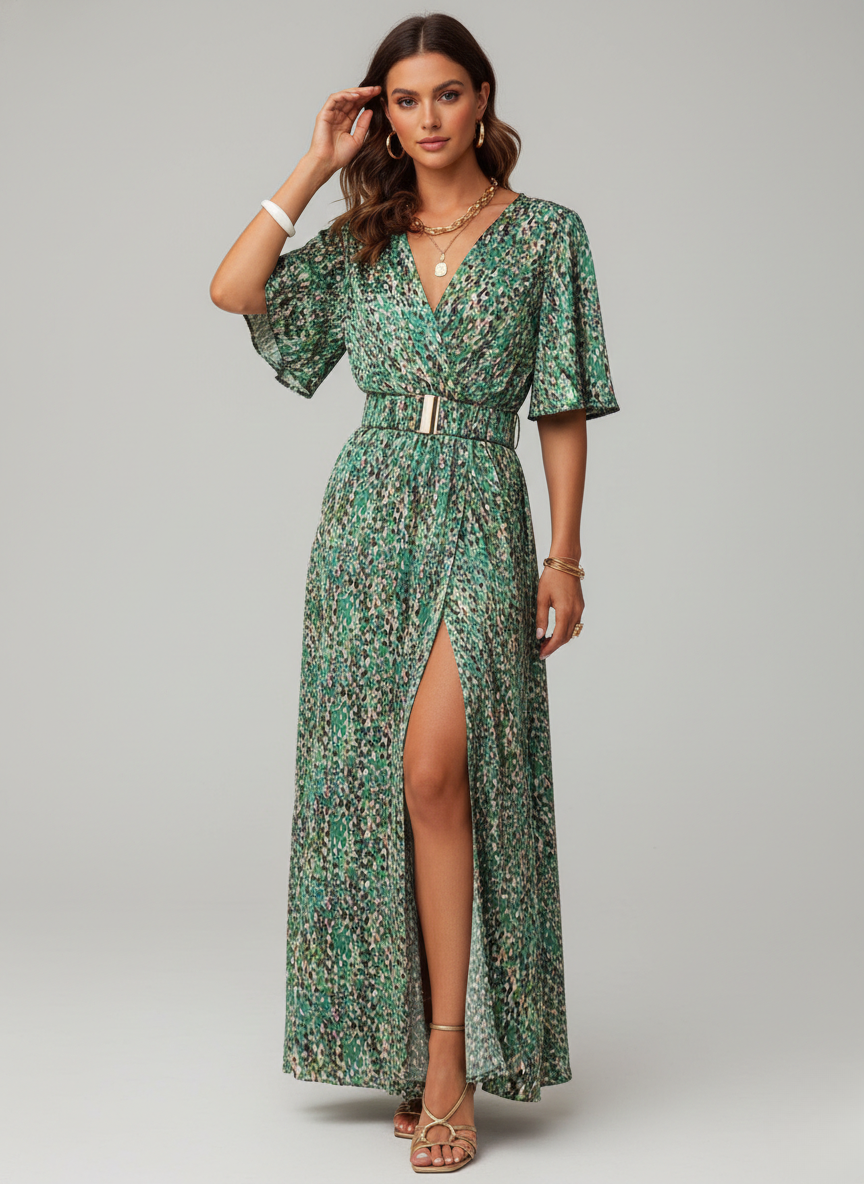Women's Wrap Maxi Dress - High Slit Occasion Dress