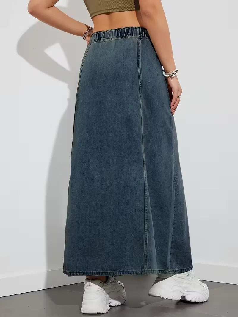 Women's Denim Maxi Skirt with Stretch Waist – Comfortable Everyday Style