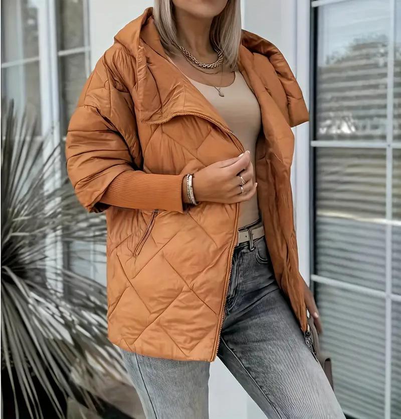Women’s Hooded Zip-Up Puffer Jacket – Chic Patchwork Warm Winter Style