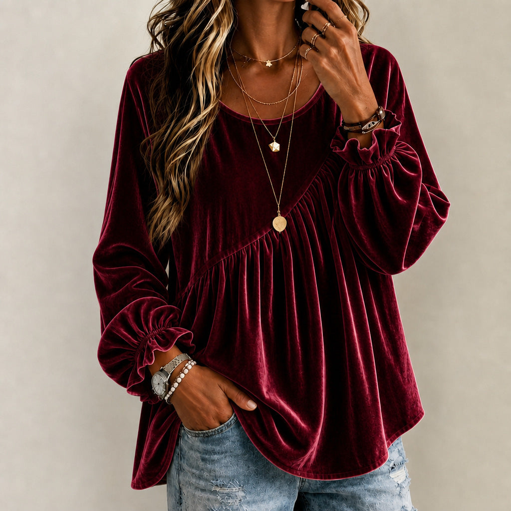 Women’s Velvet Crew Neck Ruffle Top – Relaxed Fit Elegant Style