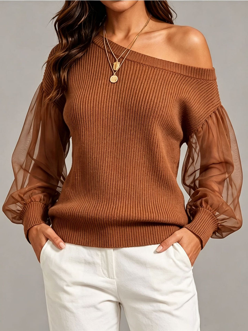 Women’s One-Shoulder Knit Sweater – Relaxed Long Sleeve Style