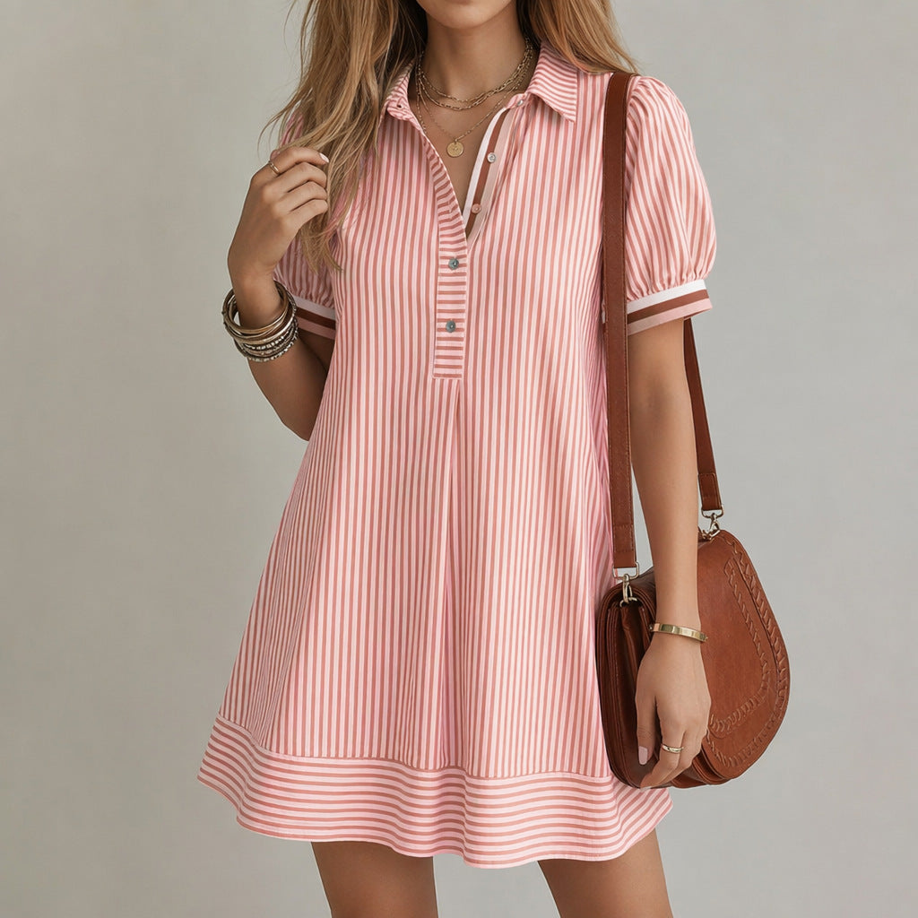 Women's Puff-Sleeve Shirt Dress – Striped Stand-Collar Casual Style
