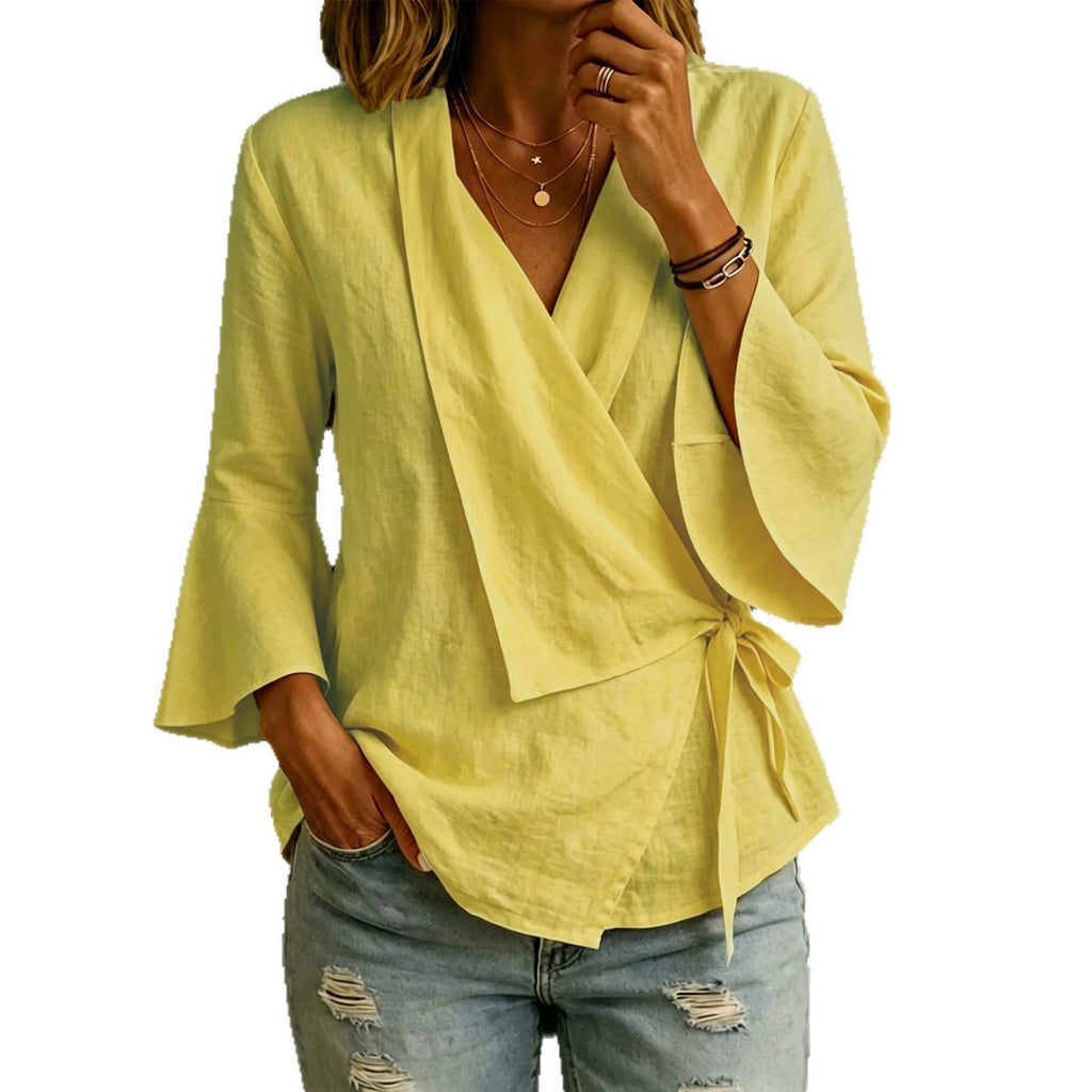 Women's Asymmetrical Tie Blouse - Flared Sleeve Notch Lapel Top