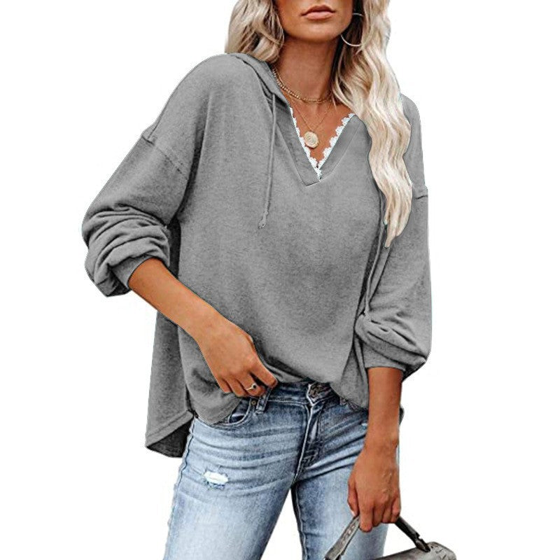 Women's Hooded Lace Sweatshirt - V-Neck Long Sleeve Casual Pullover