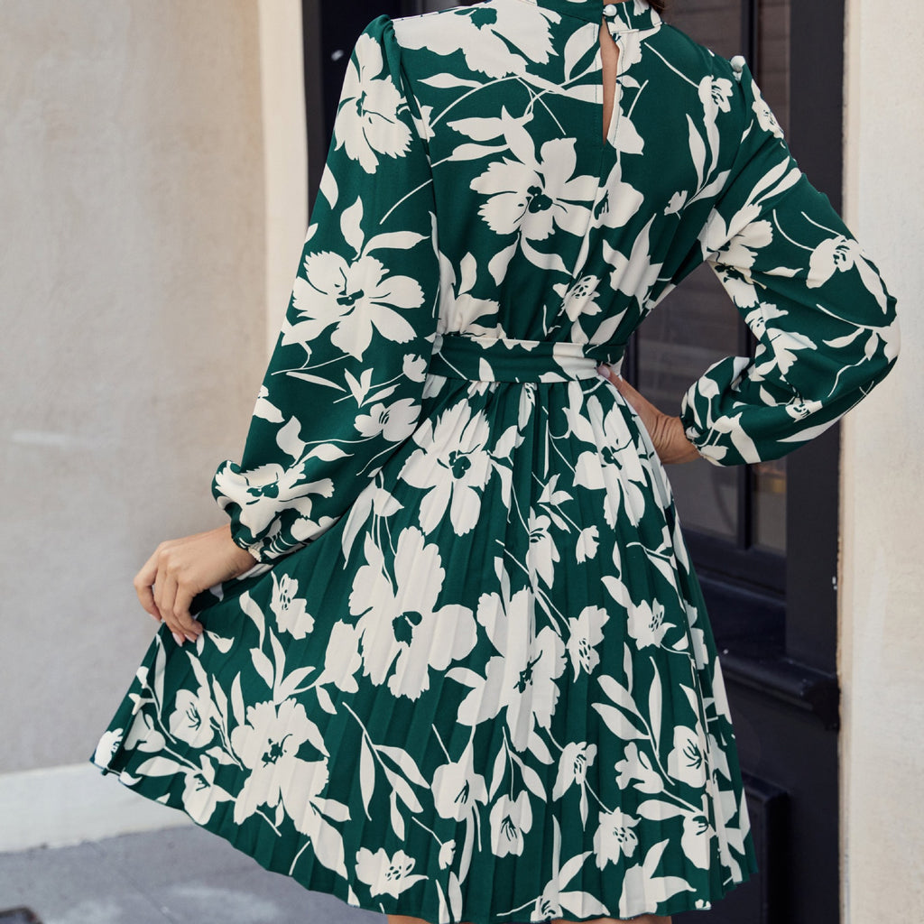 Women's Printed Long Sleeve Mini Dress - Crew Neck Casual Day Dress