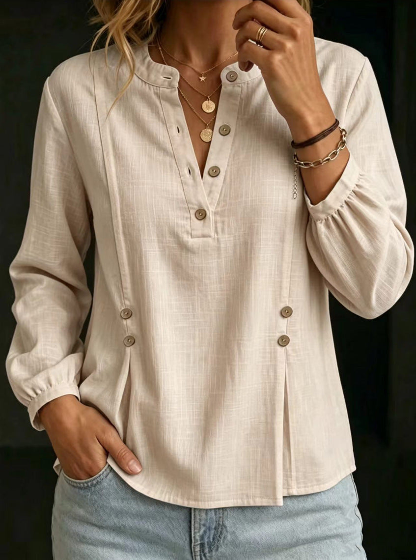 Women’s Cotton-Linen Mandarin Collar Shirt – Long Sleeve Casual Summer Style