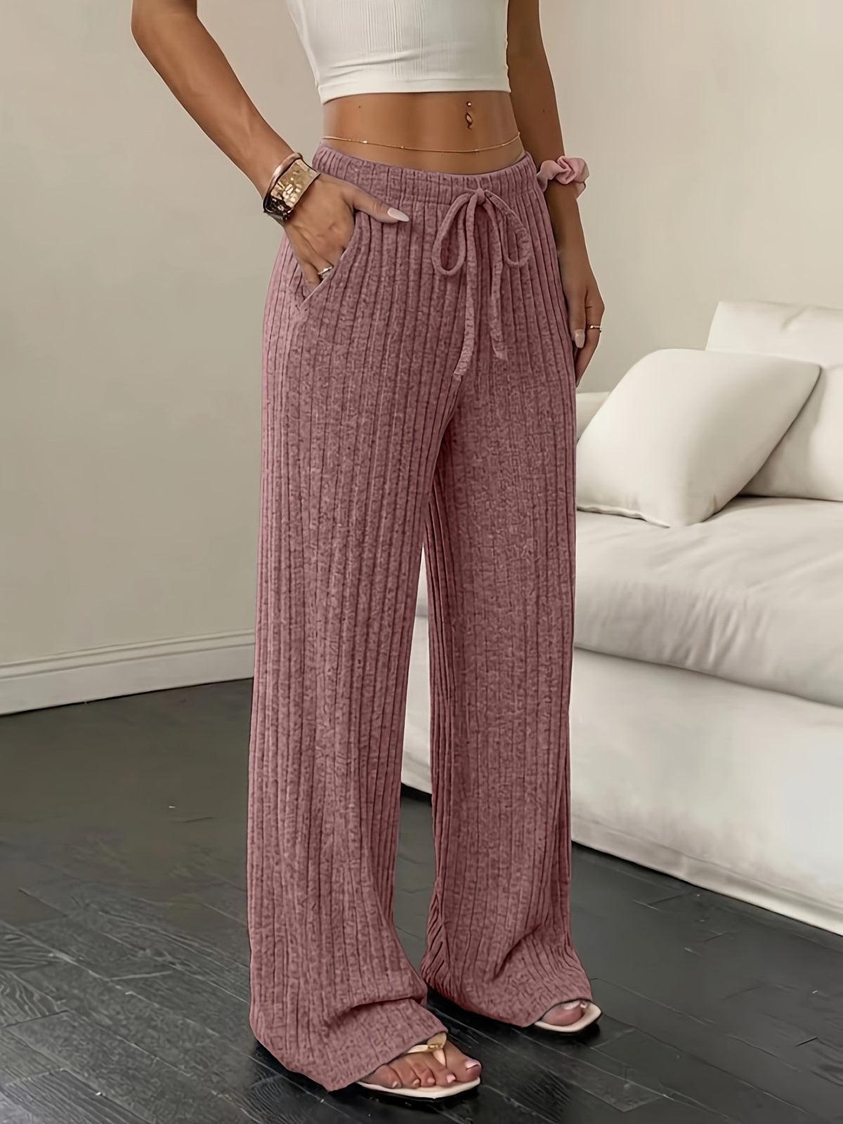 Women’s Wide-Leg Ribbed Knit Pants – Comfortable Casual Fit