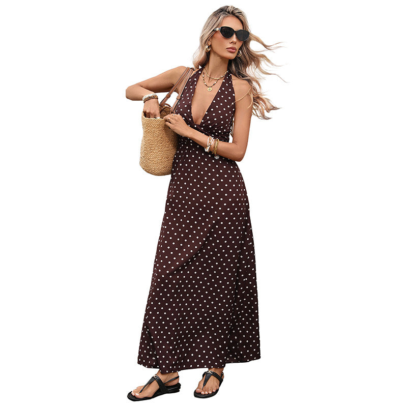 Women’s Polka Dot A-Line Midi Dress – Slim V-Neck Elegant Vintage Summer Style