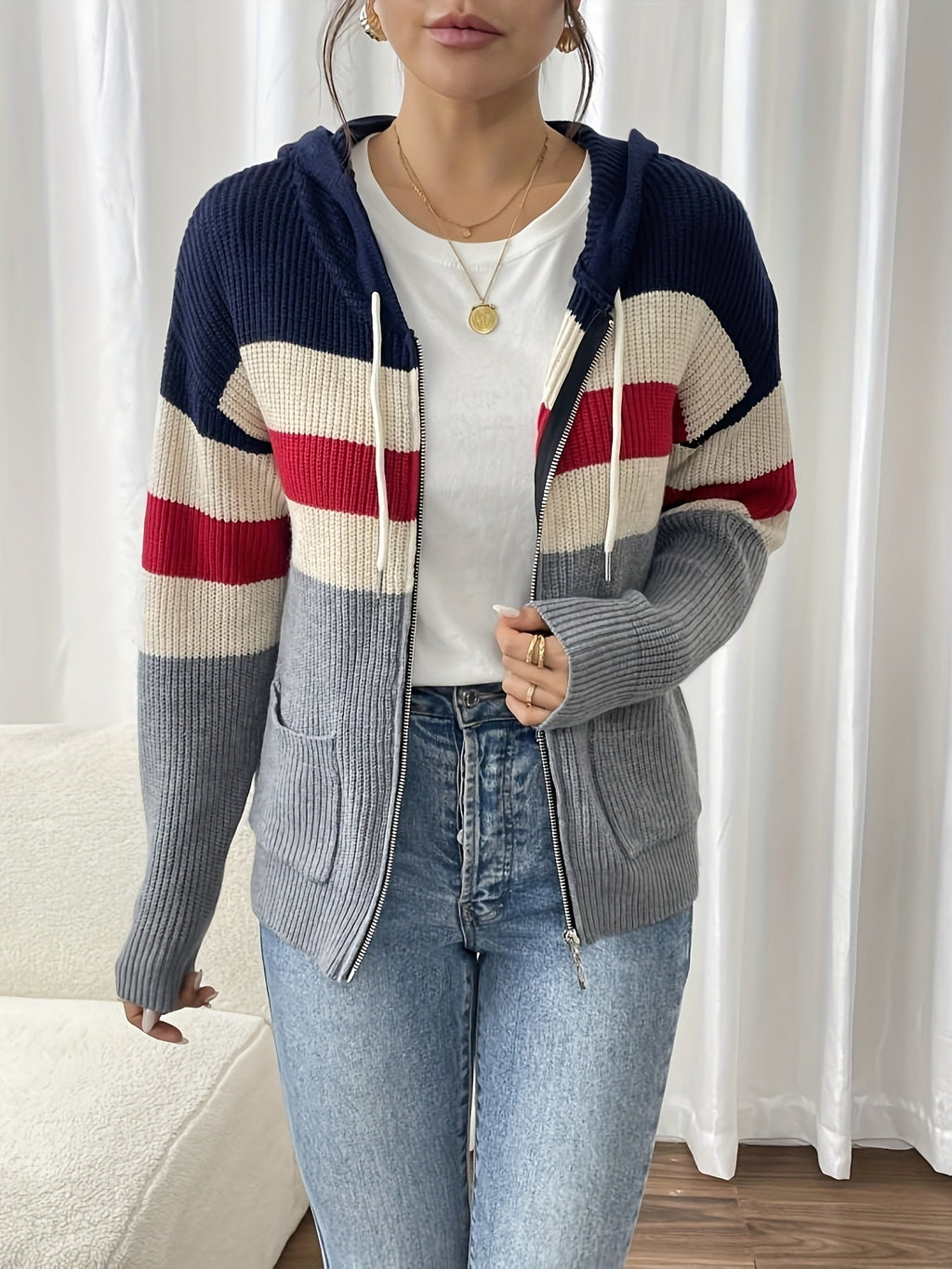 Women’s Color Block Hooded Zip Cardigan – Cozy Casual Layer