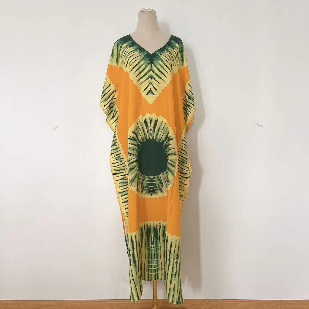 Women's Printed V-Neck Maxi Holiday Dress - Relaxed One Size Daywear