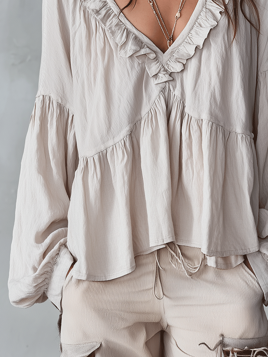Women's Bohemian Ruffle Blouse – Airy Vintage-Inspired Long Sleeve Top