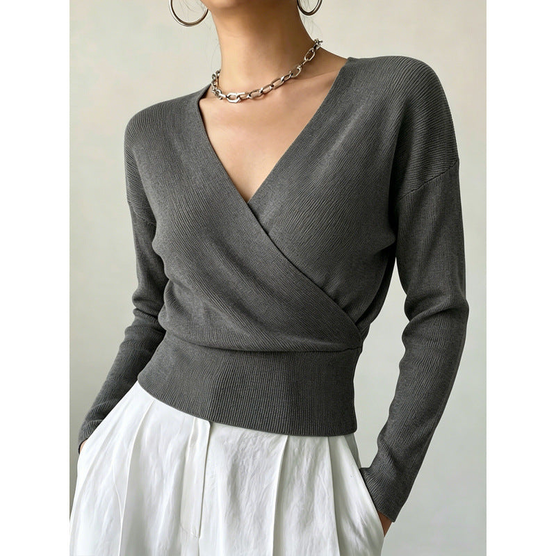 Cross-Neck Waist-Cinching Knit Sweater - Soft and Shaped