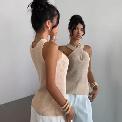 Women's Sleeveless Knit Vest - Cross Neck Pullover Top