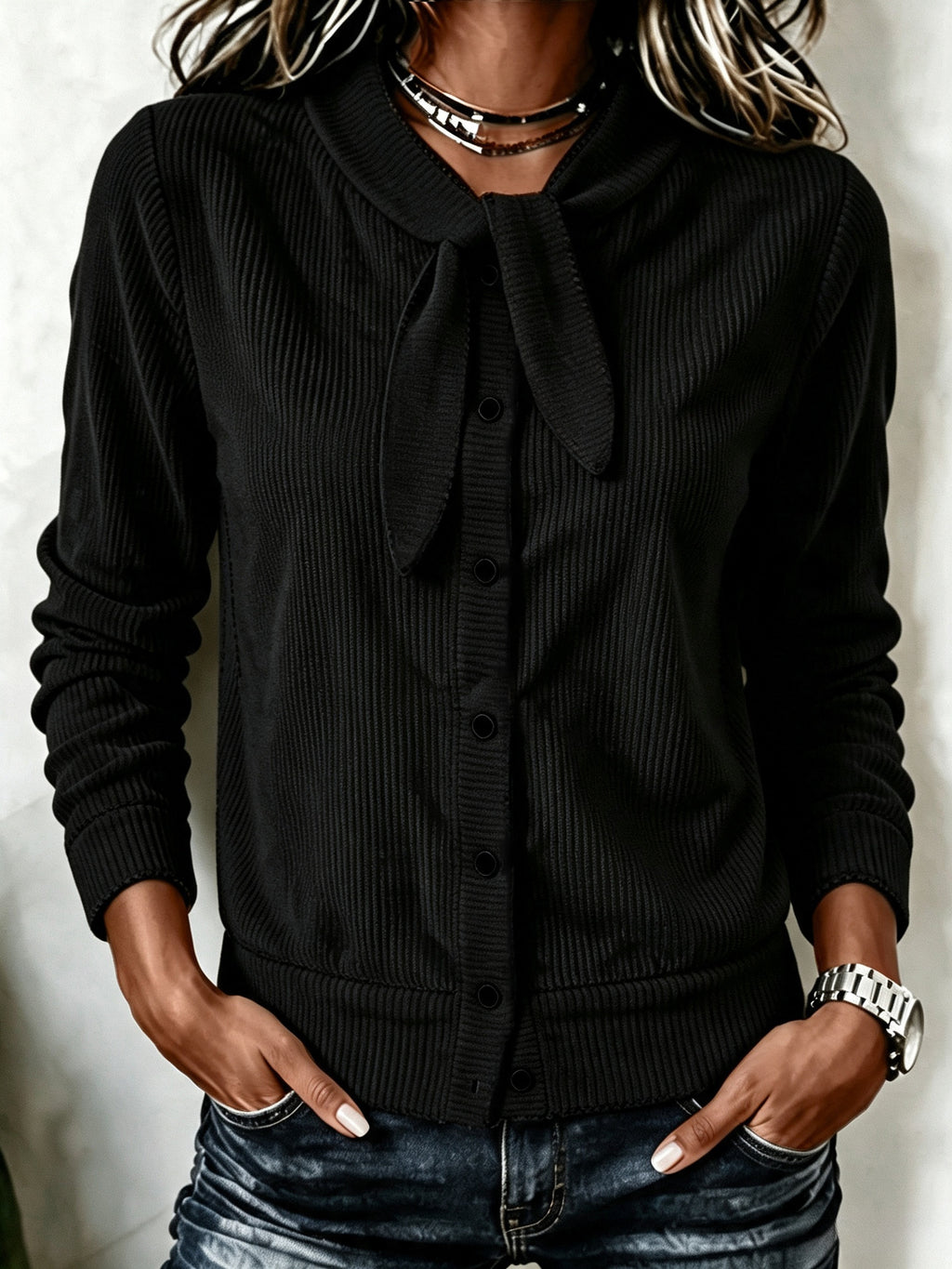 Women's Button Detail Bow Knit Sweater - Soft Feminine Layer