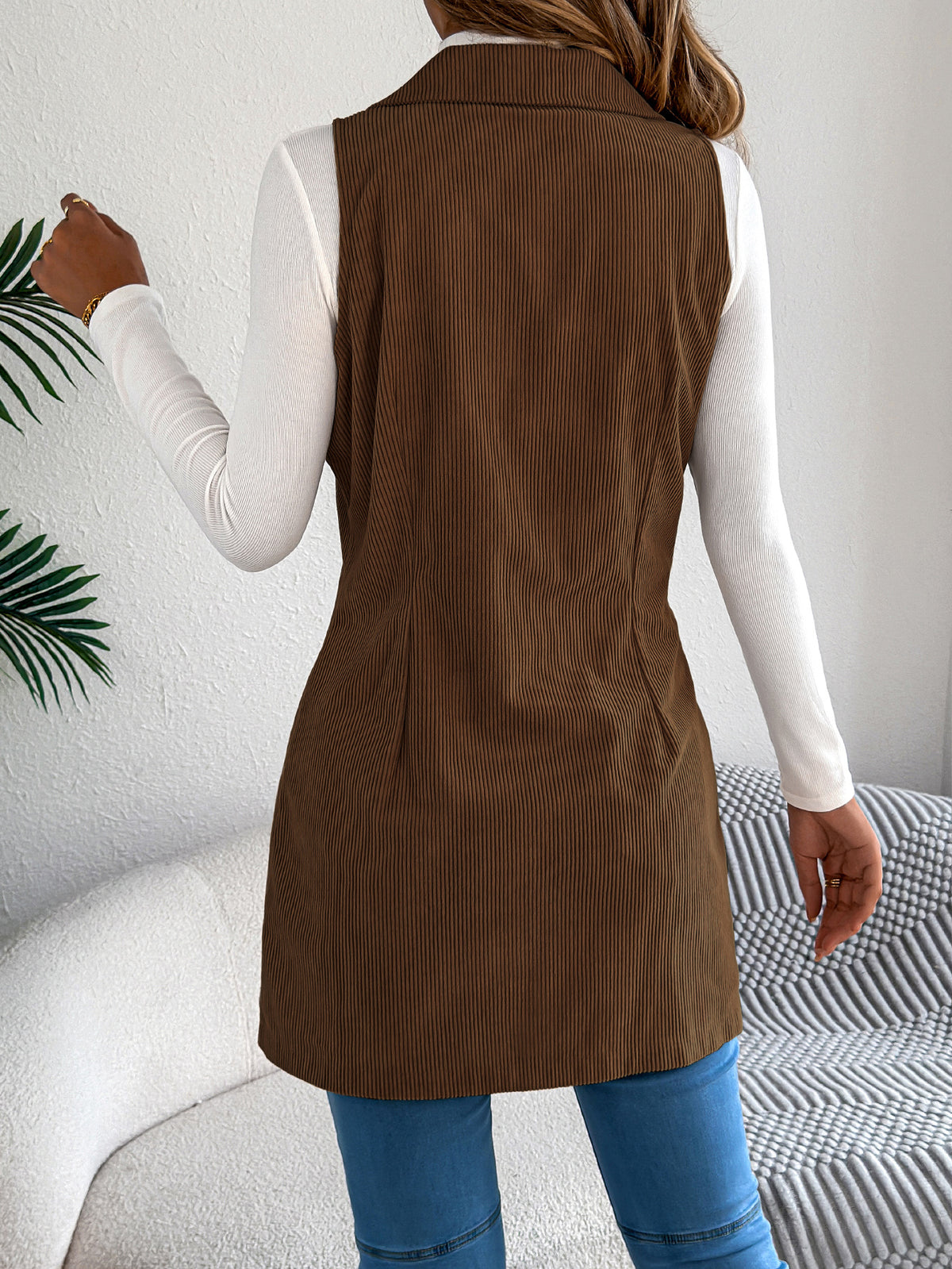 Women’s Solid Color Corduroy Long Vest Jacket – Double-Breasted Pocket Casual Layering Style