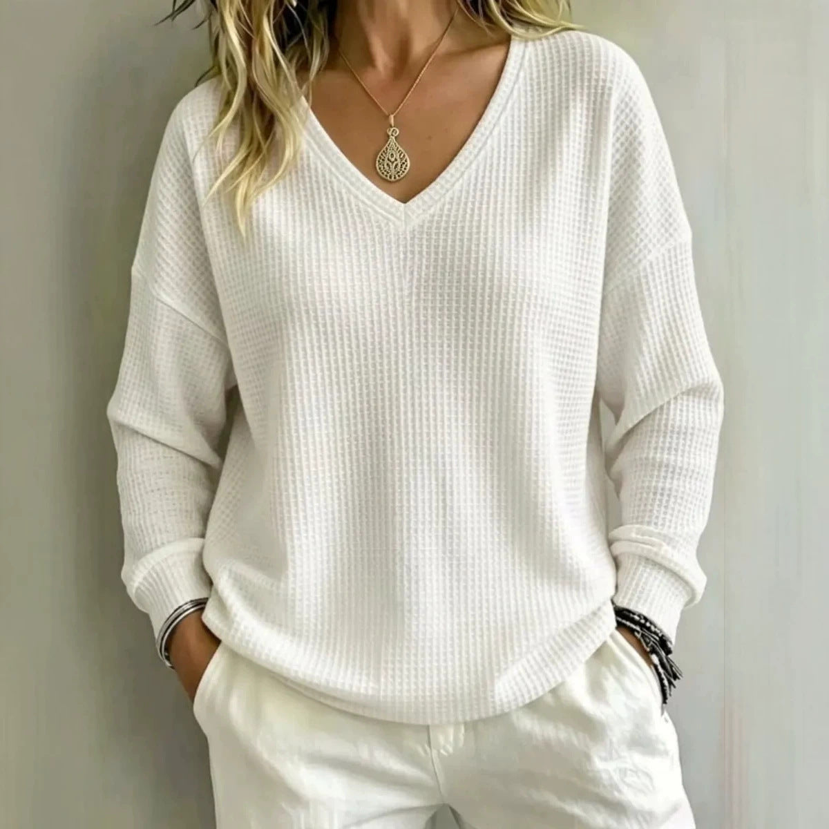 Women’s Casual V-Neck Pullover Top – Relaxed Comfortable Everyday Style