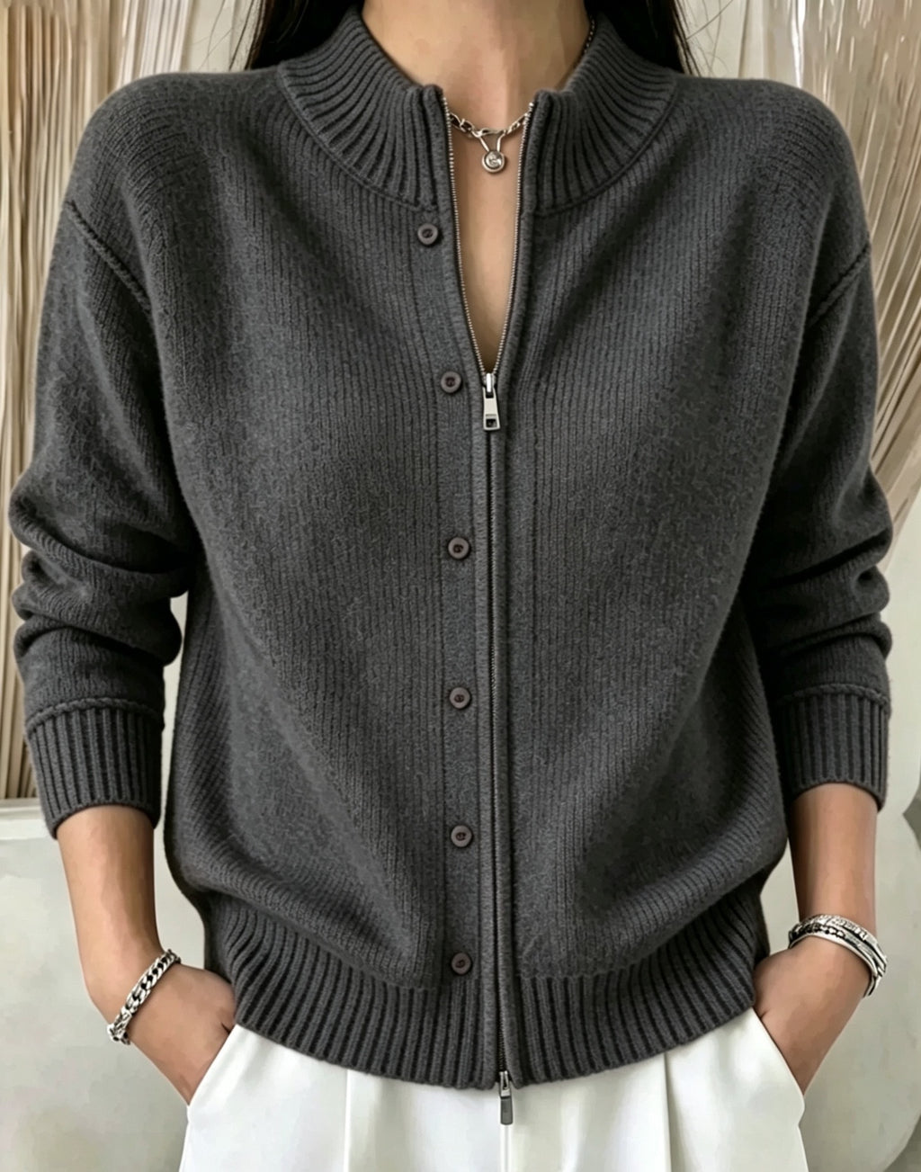 Zip-Up Crewneck Knit Sweater - Soft and Modern