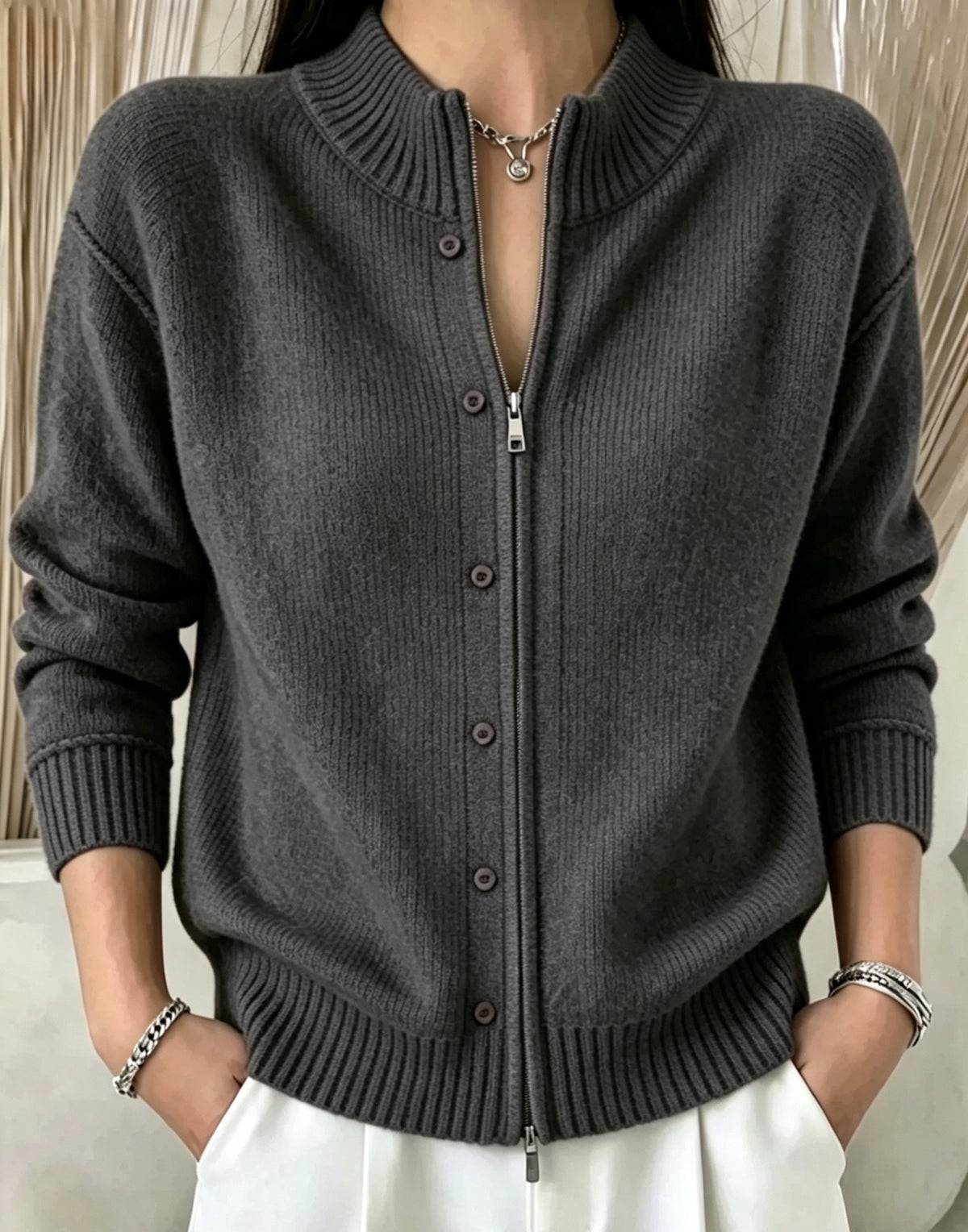 Zip-Up Crewneck Knit Sweater - Soft and Modern