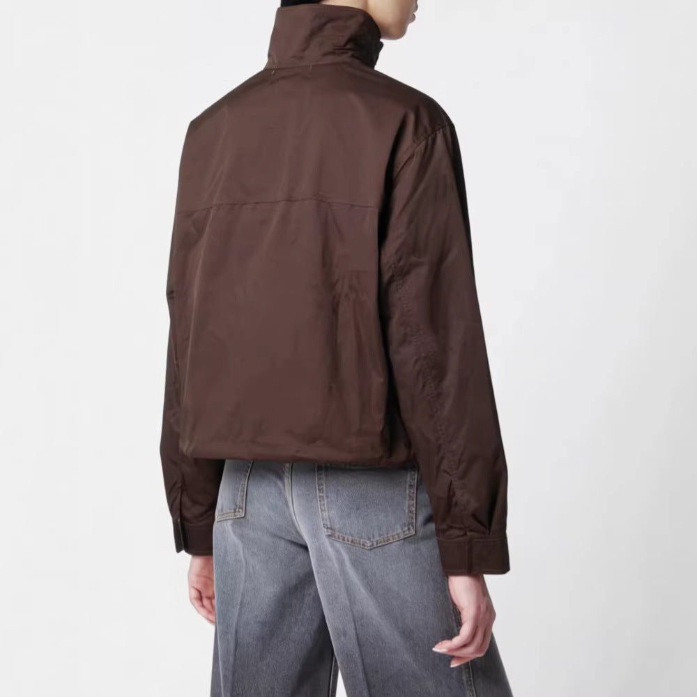 Women's Stand Collar Trench Jacket - Minimal Long Sleeve Everyday Layer