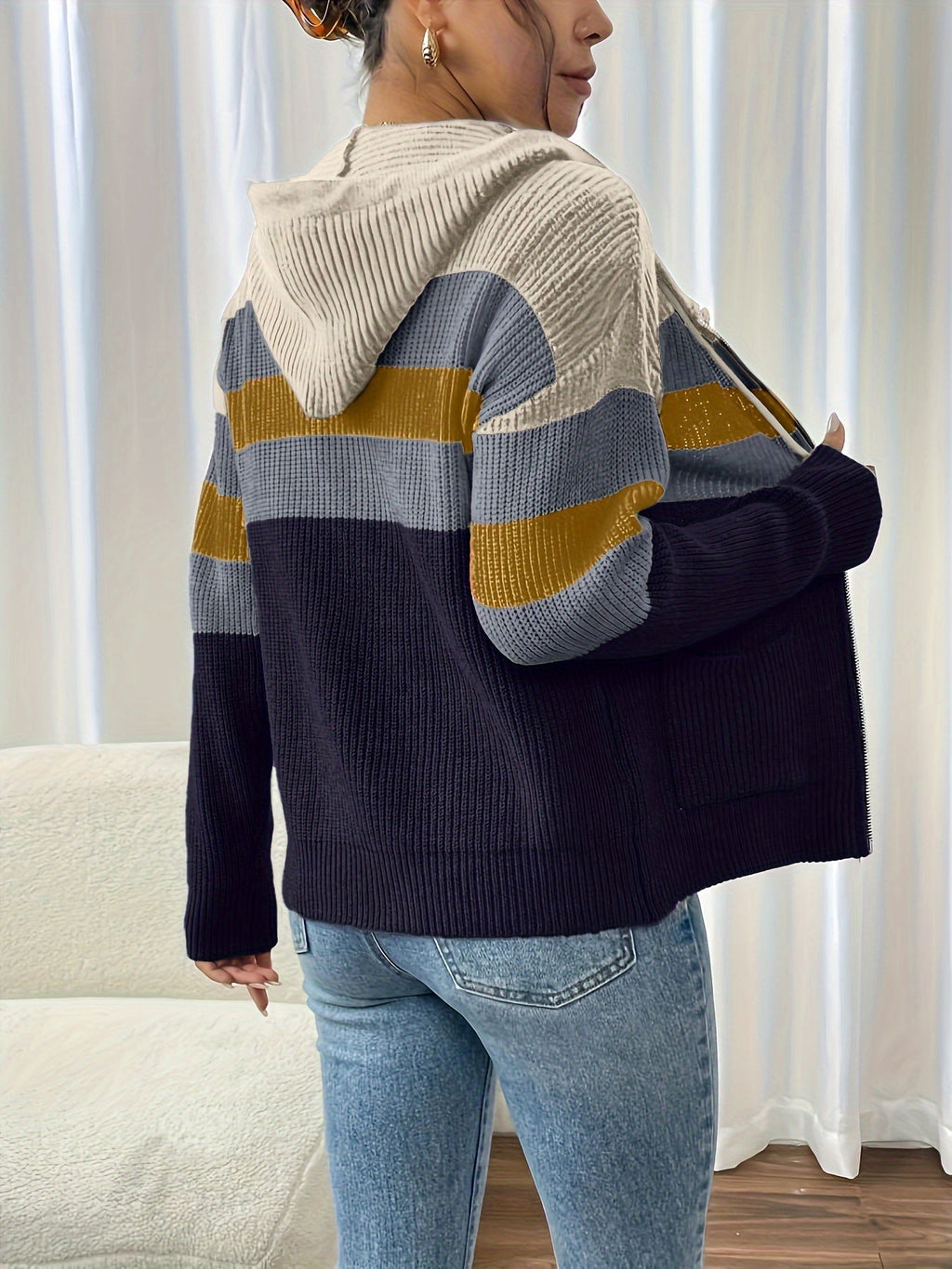 Women’s Color Block Hooded Zip Cardigan – Cozy Casual Layer