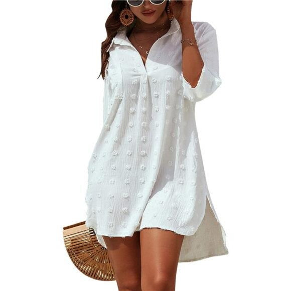 Women’s Solid-Color Three-Quarter-Sleeve Beach Cover-Up Dress – Sun-Protective Style