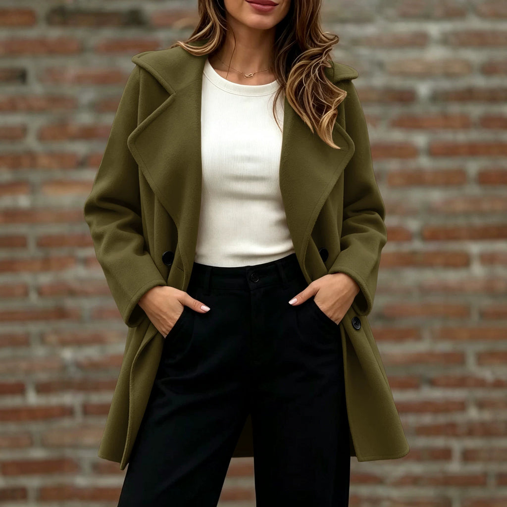 Women’s Double-Breasted Wool Coat – Loose Fit Warm Winter Style